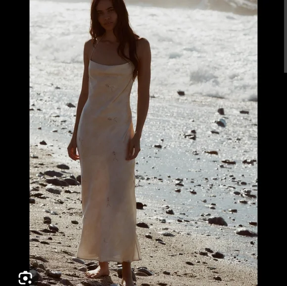 Zara Satiny Floral Print Open Back Elegant Cream Maxi Dress - Picture 2 of 3